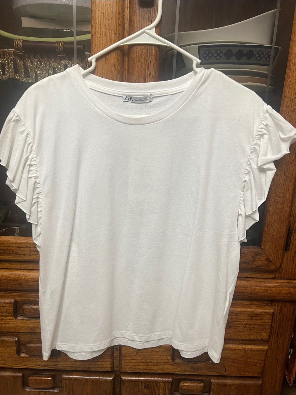 Zara White Short Sleeve Ruffle Tee